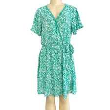 Sienna Sky Green Floral Print Wrap Short Lined Dress Tie Elastic Waist L NWOT