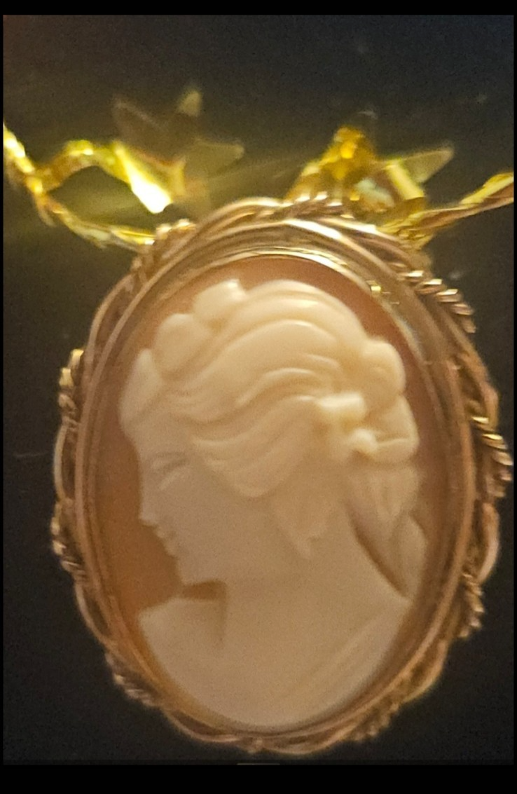 14K GF Vintage Signed Natural Cameo in Ornate FillagreeTwisted Rope Frame,app3cm
