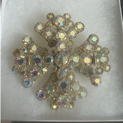 1960s Gold Tone Cross Brooch Pin Aurora Borealis Round Rhinestone 