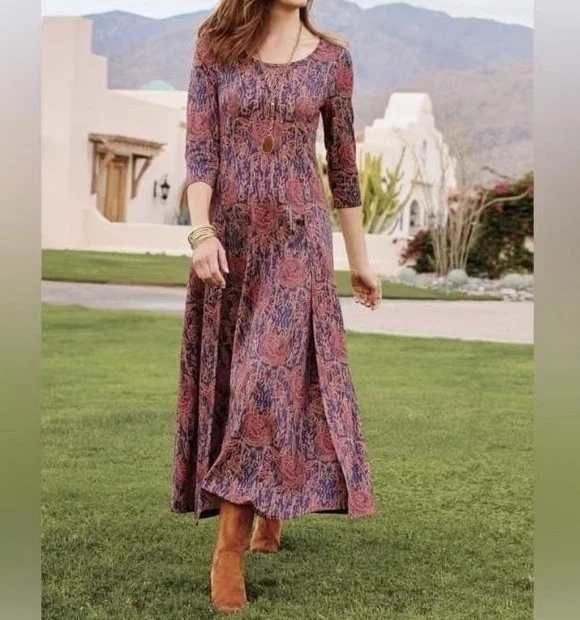 Soft Surroundings Alcott Maxi Dress Womens XL Pink Floral 3/4 Sleeve Boho - Image 3 of 4