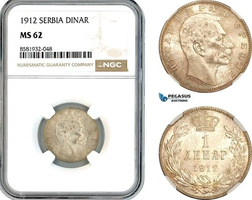 AL063, Serbia, Petar I, 1 Dinar 1912, Silver, NGC MS62