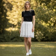 White Floral Lace Mini Skirt Romantic Cottagecore Short Skirt M/ 26787