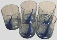 Lot 5 Libby Cobalt Blue Ribbon Impressions High Ball Swirl Dimple Clear Glasses