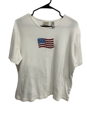 Classic Elements Womens White Short-Sleeve Top With Embroidered American Flag Gr