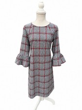 Nina Leonard Womens Plaid Houndstooth Shift Dress With Ruffled Bell Sleeves Sz L