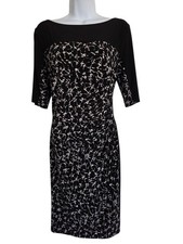 Chaps Blsck White Brown Geometric Floral Color Block Midi Sheath Stretch Dress L