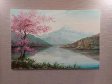 Ukraine art. Large Blossom Sakura mountains oil painting, Cherry tree blossoming