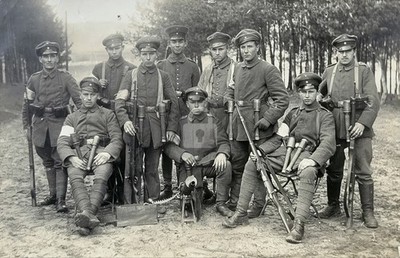 Freikorps Soldiers w MG08/15 Grenades & Ammo Bandoliers WW1 RPPC Postcard COPY