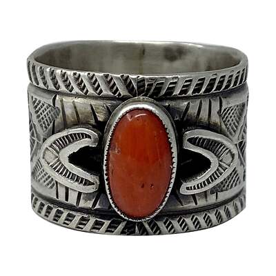 Calvin Martinez, Ring, Coral, Sterling Silver, Navajo Handmade, 12 