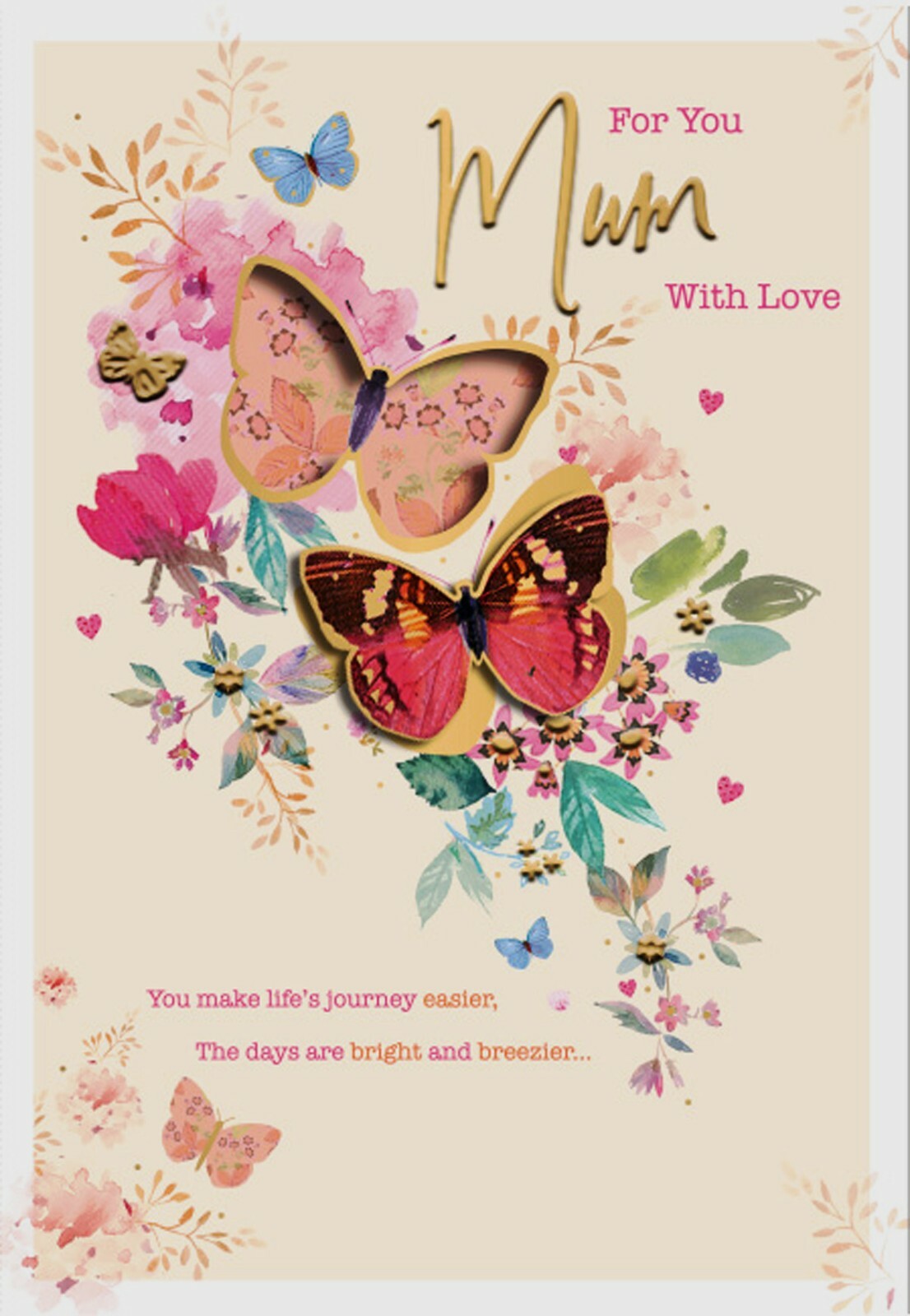 MUM Happy Birthday Greeting Card With Verse & Butterflies & Flowers