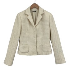 Tahari Tweed Blazer Jacket Womens Sz 8 Cream Acrylic Long Sleeve Single Breasted