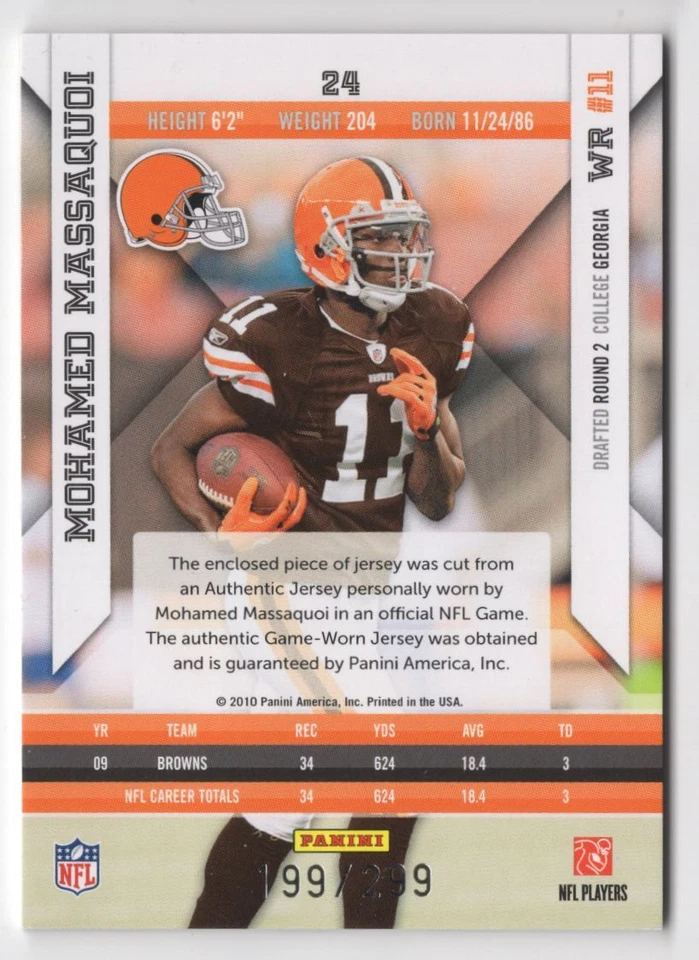 2010 Panini Epix Materials Mohamed Massaquoi 99/299 Cleveland Browns #24 - Image 2 of 2