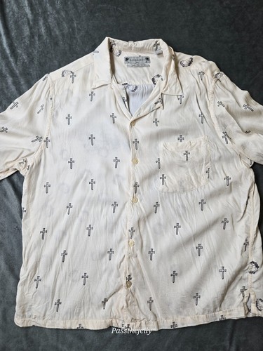 ALL SAINTS Hemd Herren 2XL weiß Schwert Kreuz Print Camp Viskose Hawaii Schild