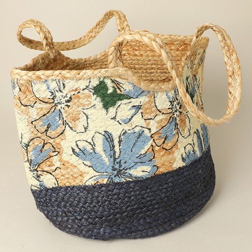 Floral Pattern Two Tone Woven Straw Shoulder Bag / Tote Bag - 第 2/4 張圖片