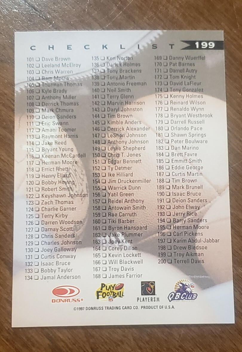 1997 Leaf #199 Checklist (Troy Aikman) Dallas Cowboys Troy Aikman