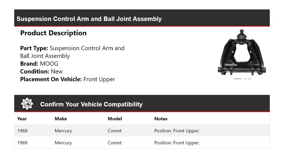 For 1968-1969 Mercury Comet Control Arm Ball Joint Assy Front Upper MOOG - Image 2 of 4