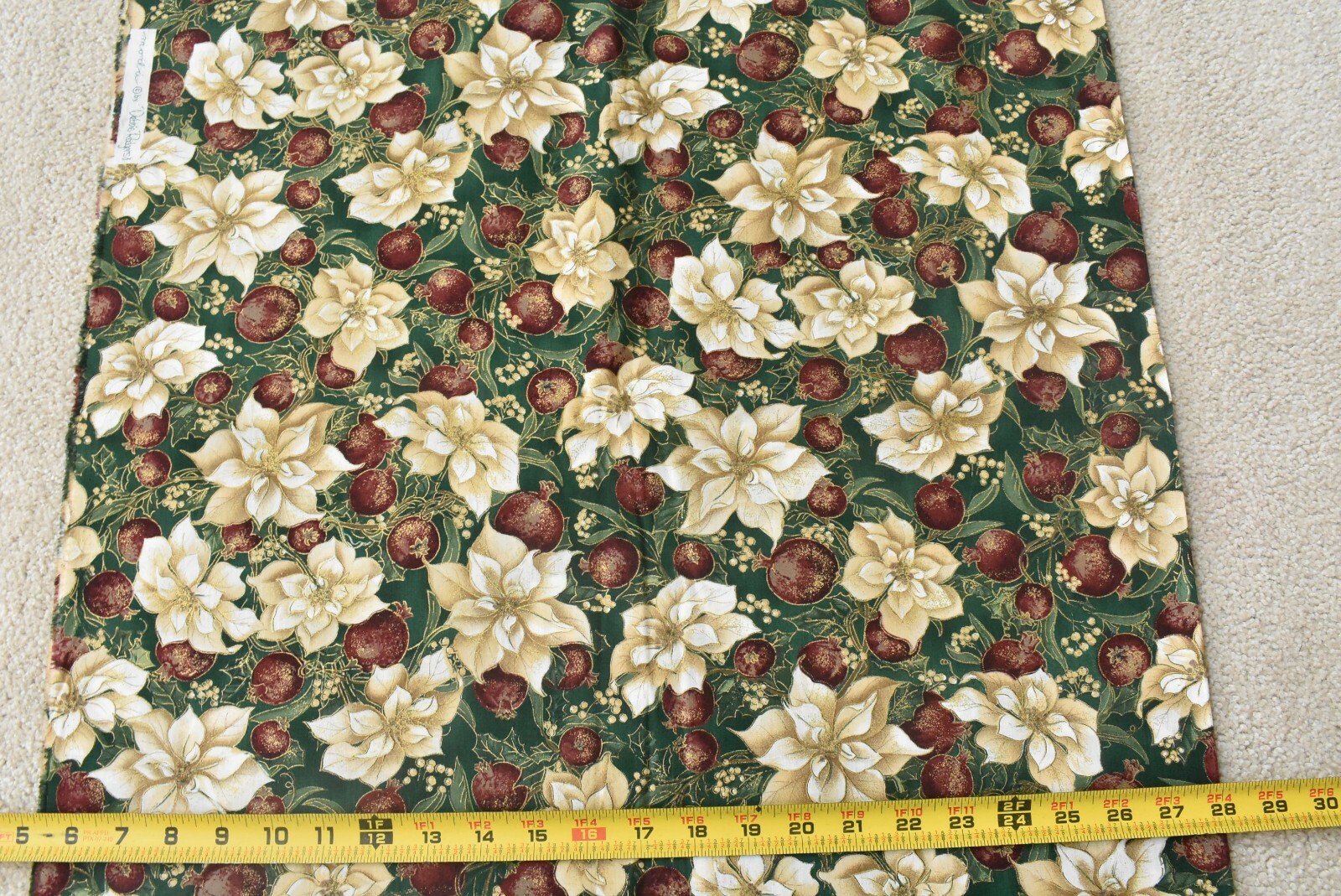 By 1/2 Yd, Christmas Plants w Metallic Gold on Green Cotton, Moda, Rodgers,P6868