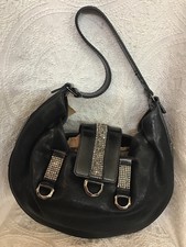 Swarovski Purse Black Leather Silver Beaded Straps Size Small