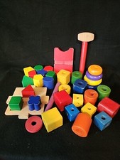Kid's Educational Wooden Building Blocks, Shapes, Tools Lot Of 35 Pieces