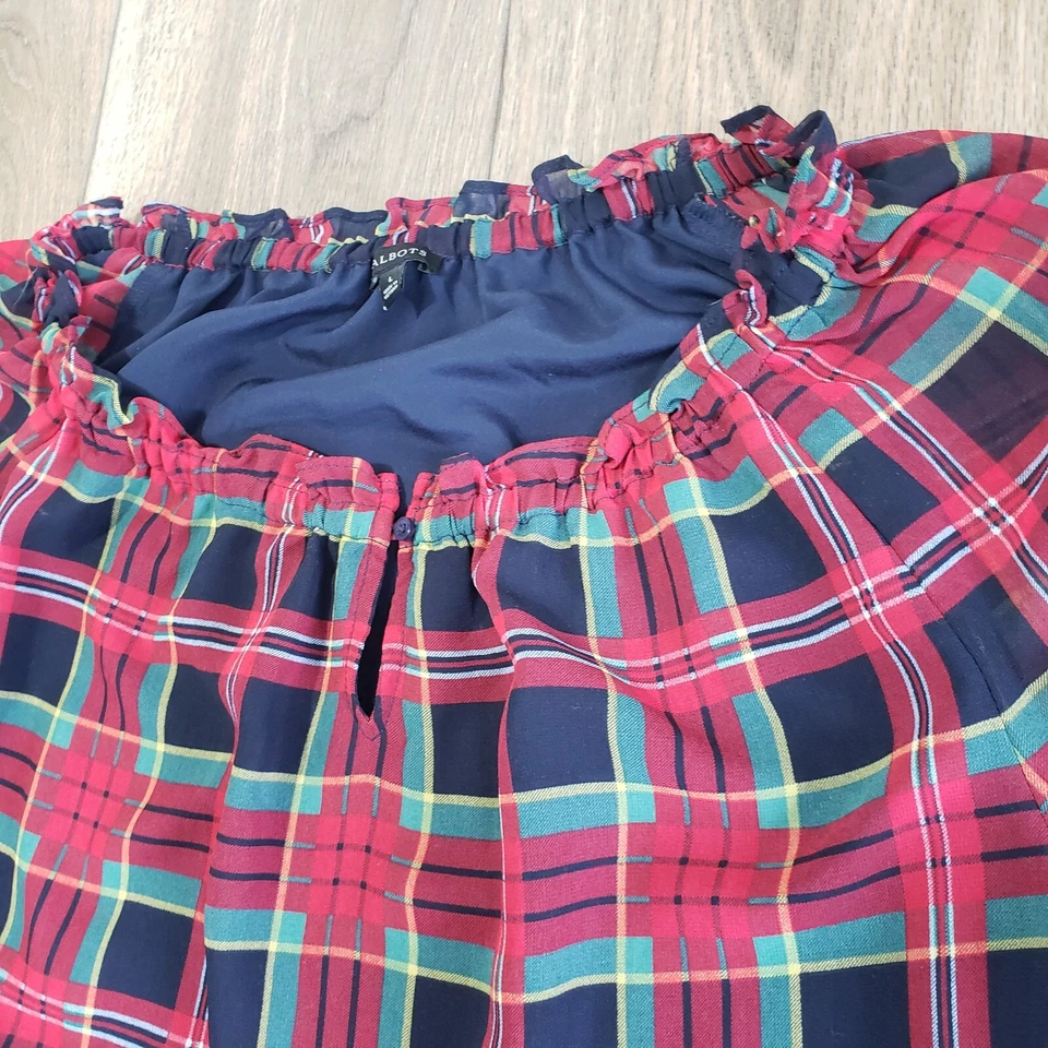 Talbots Size Large Feminine Smock Top Chiffon Red Plaid Holiday Festive - Image 2 of 4