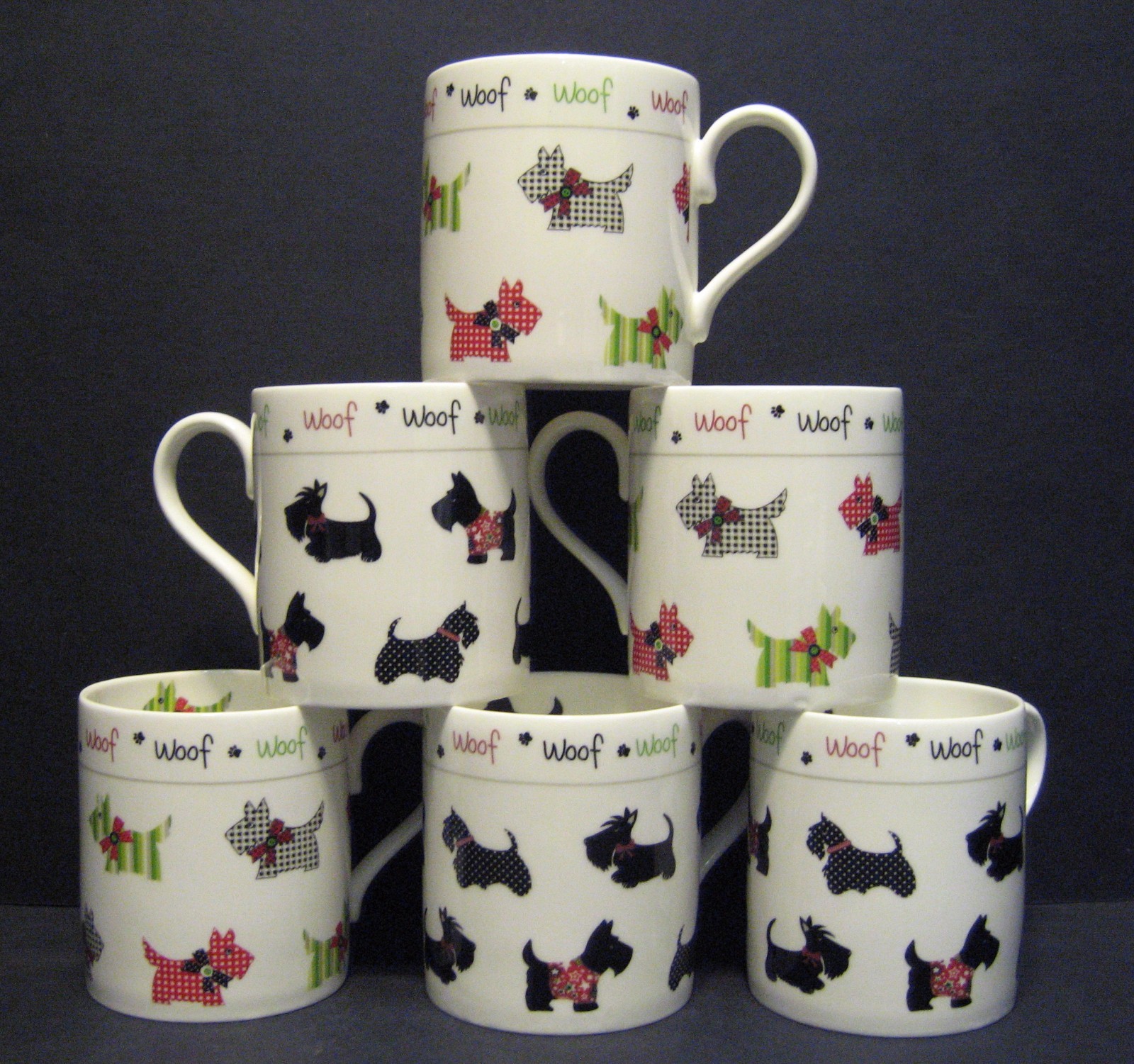 SET OF 6 MUGS DATA SCOTTIE DOG BALMORAL FINE BONE CHINA MUGS CUPS TO CLEAR