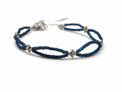 King Baby Studio Blue Square Hematite Beaded Cross Bracelet NWT