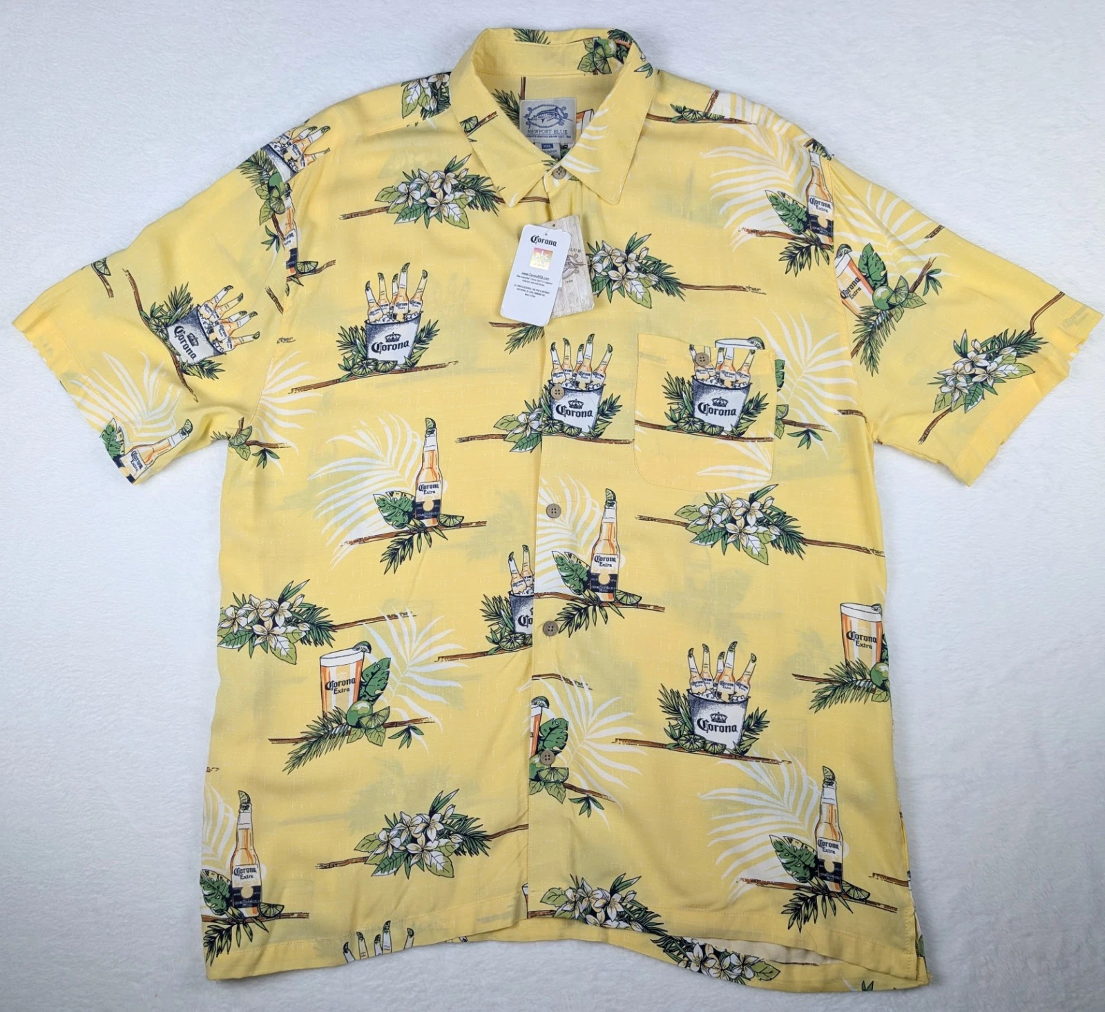 Newport Blue Corona Extra Hawaiian Shirt Mens 2XL Yellow Short Sleeve Button Up