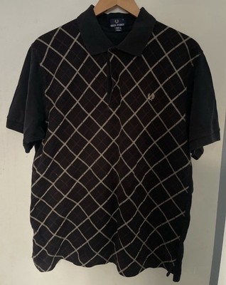 Fred Perry Men s L Black/Beige Check Knit Polo Short Sleeve Embroidered