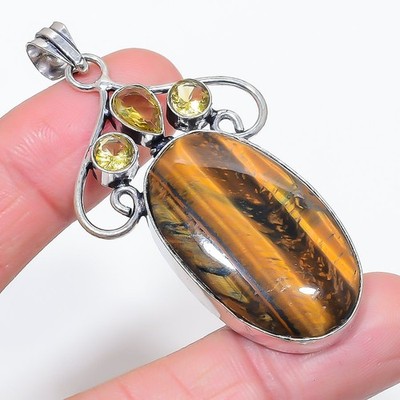 Tiger Eye, Citrine Gemstone 925 Sterling Silver Jewelry Pendant 2.60'' w512
