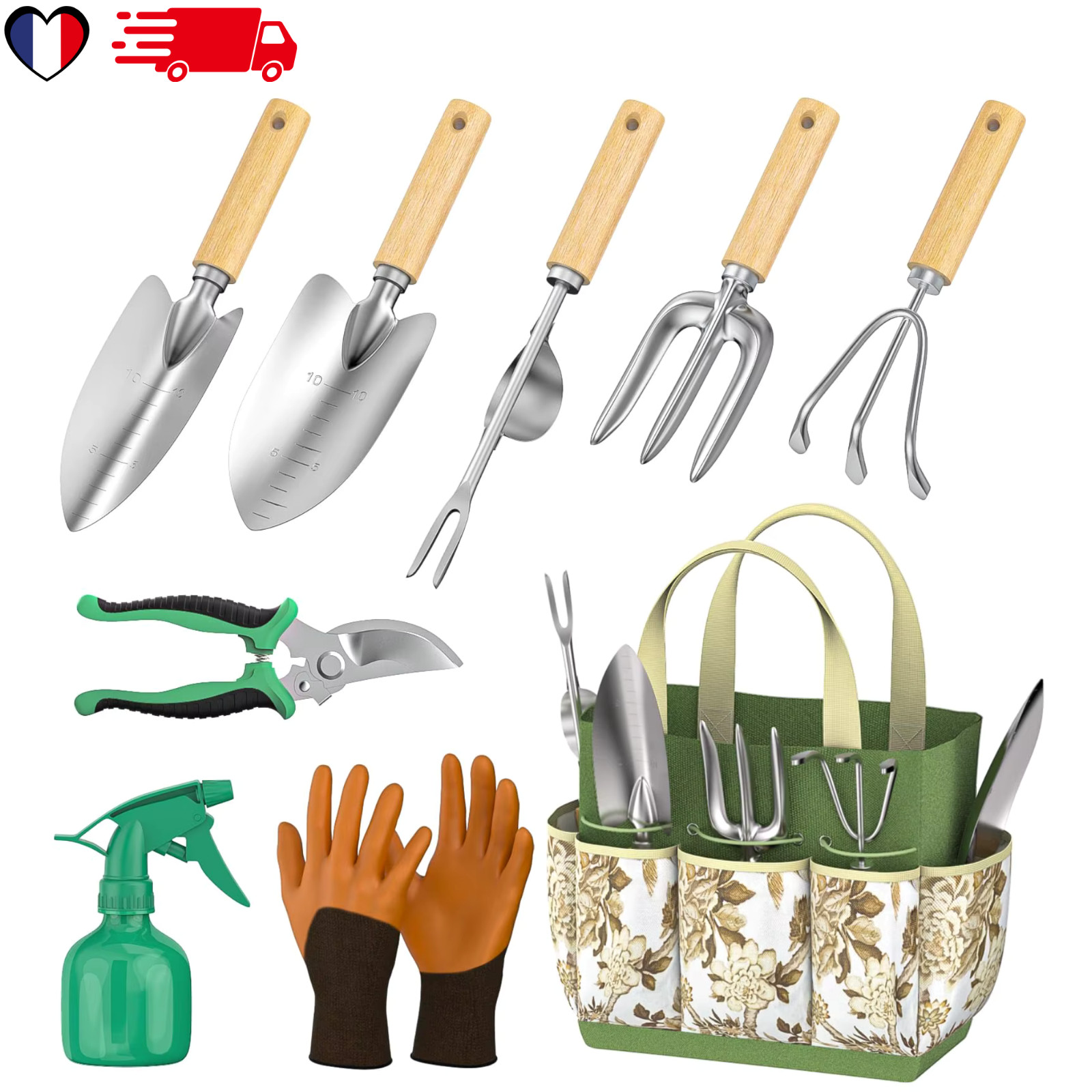 Kit jardinage 9 outils en acier inox et manche bois avec son étui de rangement