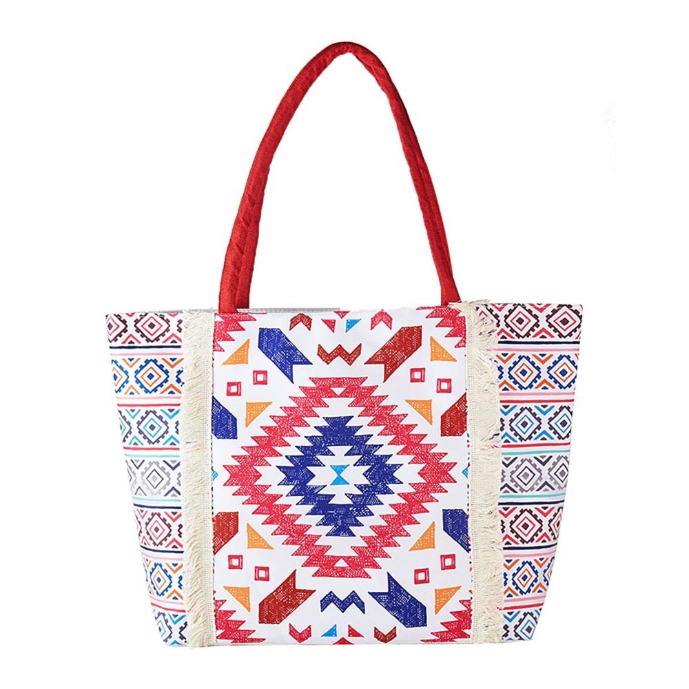 Boho Aztec Print Fringe Tote Bag Large Canvas Beach Shoulder Bag