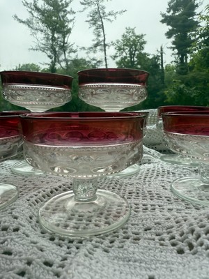 Tiffin Franciscan Kings Crown Cranberry Glass Sherbet Dish Set