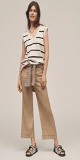 New Anthropologie The Colette Contrast-Stitch Linen Crop Wide-Leg Pants by Maeve