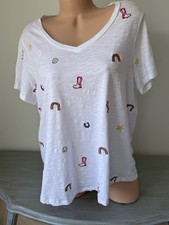 Lucky Brand Embroidered Tee Boho Top 1X Slub White Rainbow Western Star Boot V