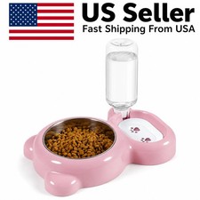 Dog Cat Food Water Bowl Set Automatic Water Dispenser Pet Feeder Pink