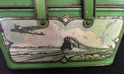 Vintage Metal Package Corp. Tin Litho Toy Lunchbox Graphics of Airplane, Train