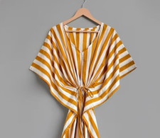 Indian Yellow Handmade Cotton Striped Kaftan Maxi Dress Women's Clothing Gown US