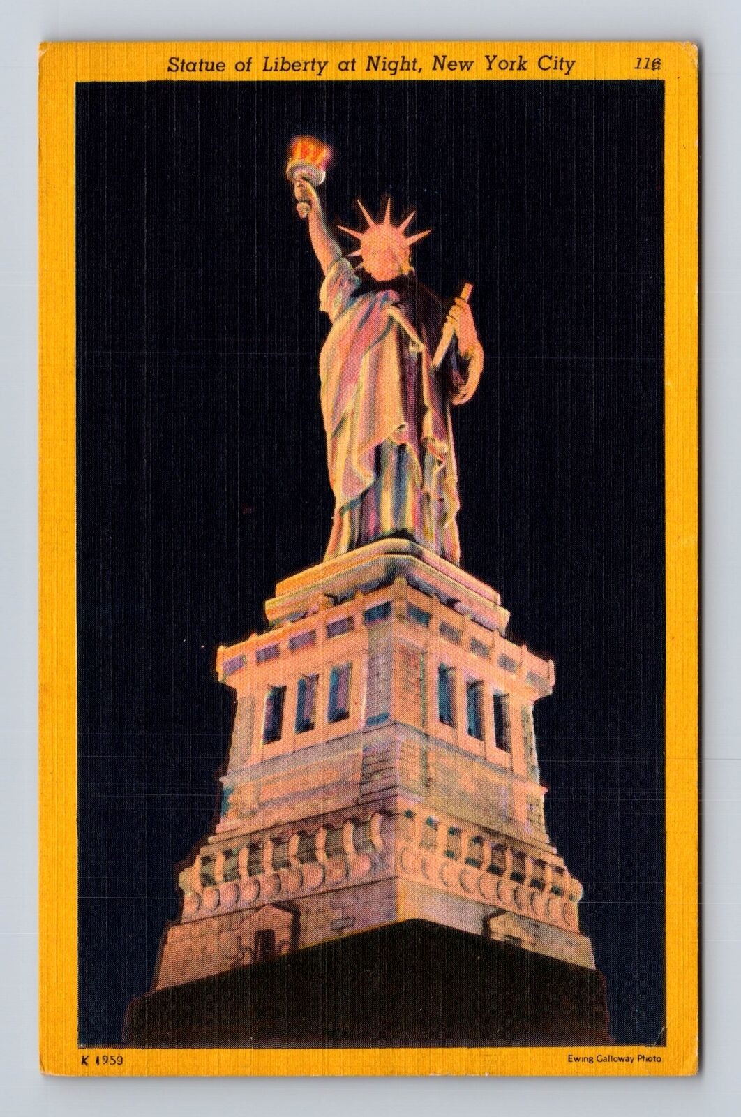Vintage 1952 NYC Statue of Liberty Night View Postcard