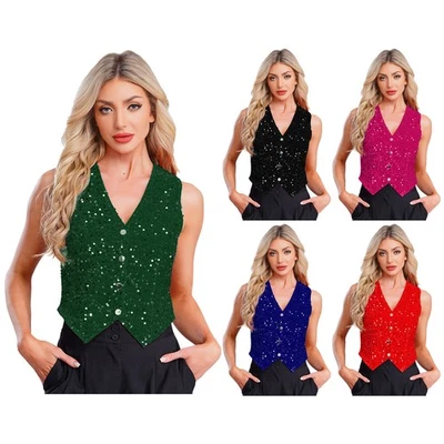 MARKENLOS DE Damen Glitzerweste Ärmellose V-Ausschnitt Paillettenjacke Party Club Ball Top