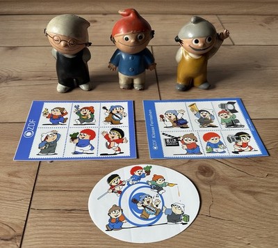 MAINZELMÄNNCHEN DET/CONNI/BERTI alte Sammlerfigur, AUFKLEBERN,TRAGETASCHEN KAPPE