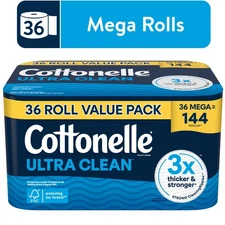 Cottonelle Ultra Clean Toilet Paper, Strong Toilet Tissue, 36 Mega Rolls
