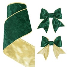4 Inch x 10 Yards Forest Green Gold Metallic Crushed Velvet Wired Ribbon Crafts