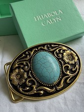 Western Oval Belt Buckle Faux Turquoise Gold Tone Black Enamel NEW Boxed