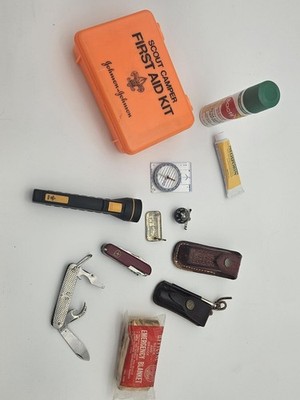 Vintage Boy Scouts BSA Camping Survival Lot Camillus Knife LL Bean First Aid Kit