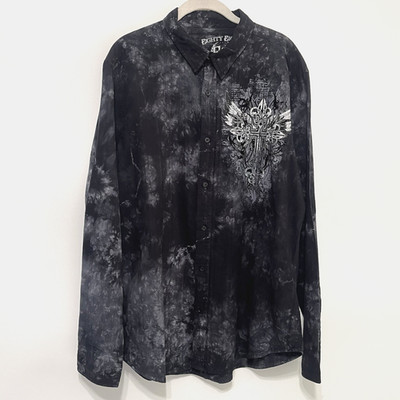 Eighty Eight Men's Black Y2K Button Up Shirt Affliction Style AOP Long Sleeve XL