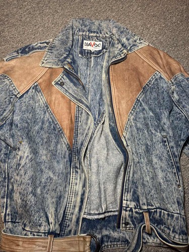 Havoc 80s Acid Wash Denim Jacket Women's Leather Trim Belted