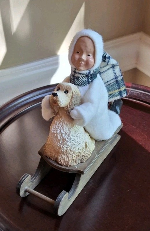 Byers' Choice Kneeling Child Caroler on Wooden Sled With Dog Vintage 1991 EUC