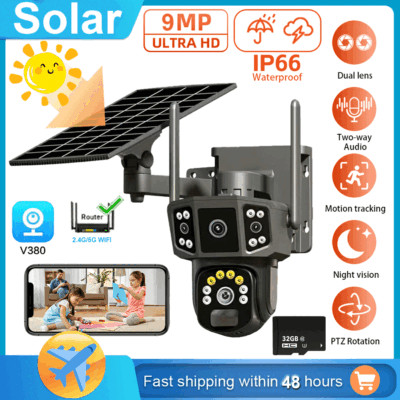 Solar Security Camera Wireless 2.4G/5GHz WIFI Camera Dual Lens Surveillance LOT