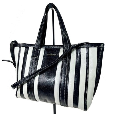 BALENCIAGA Striped 2way Tote Bag S Size White Black Leather From 