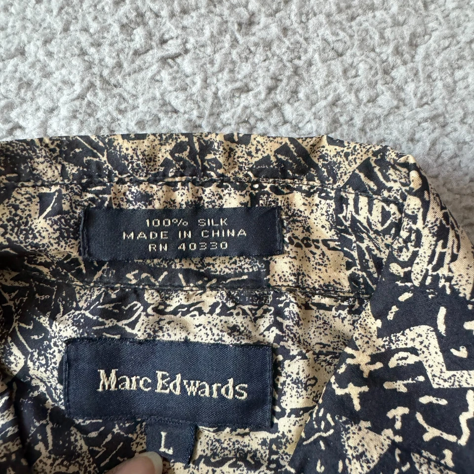 Marc Edwards Shirt Mens Large Black Graphic Print 100% Silk Button Up Camp Aloha - Image 4 of 4